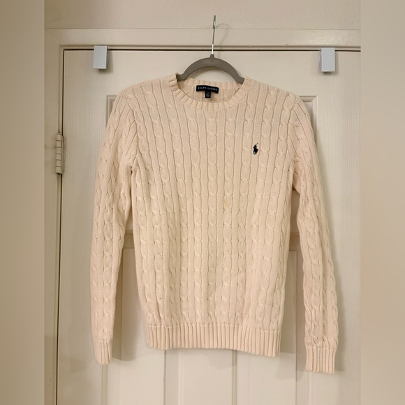 Ralph Lauren cable knit cotton crew neck sweater size small cream color - Picture 3 of 5
